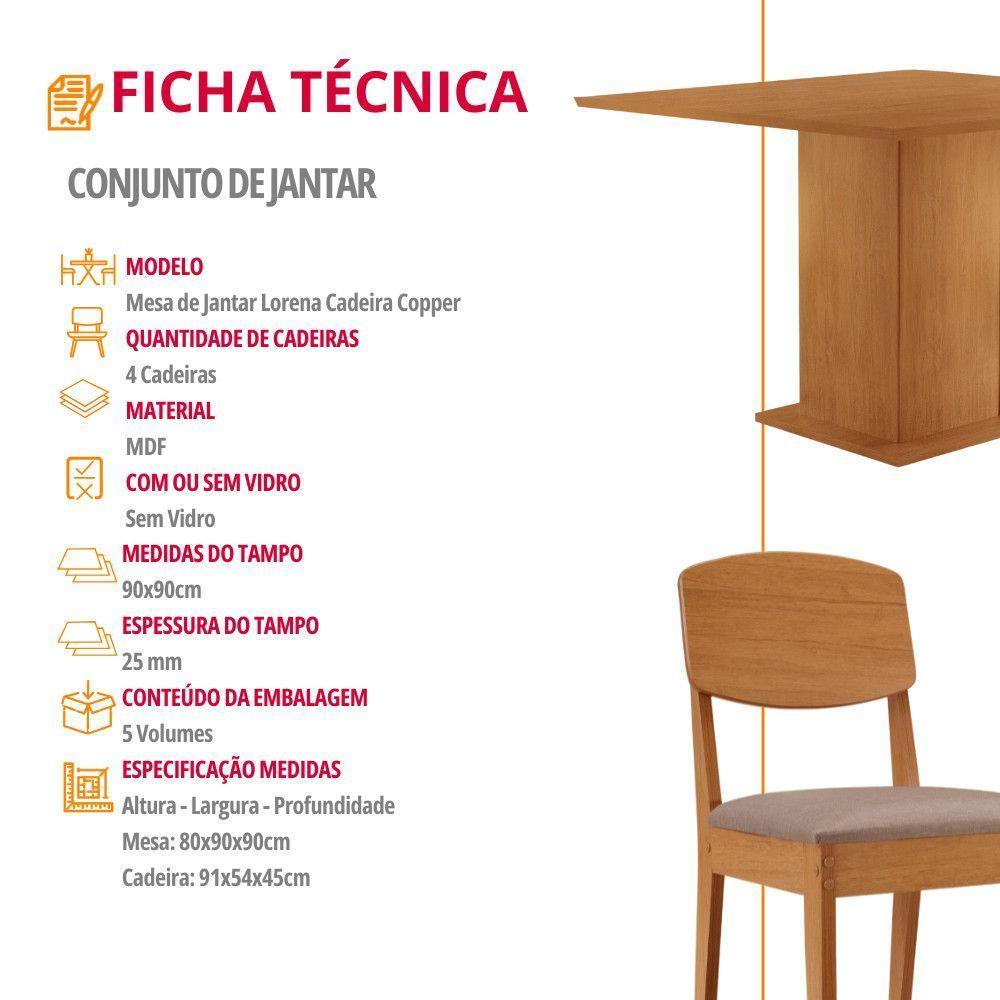Mesa De Jantar Loren 90cm Mdf 4 Cad Copper Moderna Mobilia Linho Capuccino/naturale Laminado - 6