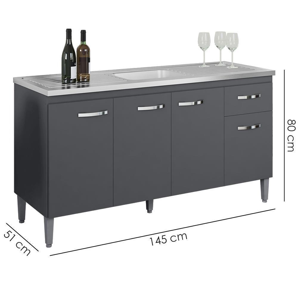 Balcao Para Pia Sem Tampo 145 Cm Gabriela Cinza Reajl Móveis Cinza - 3