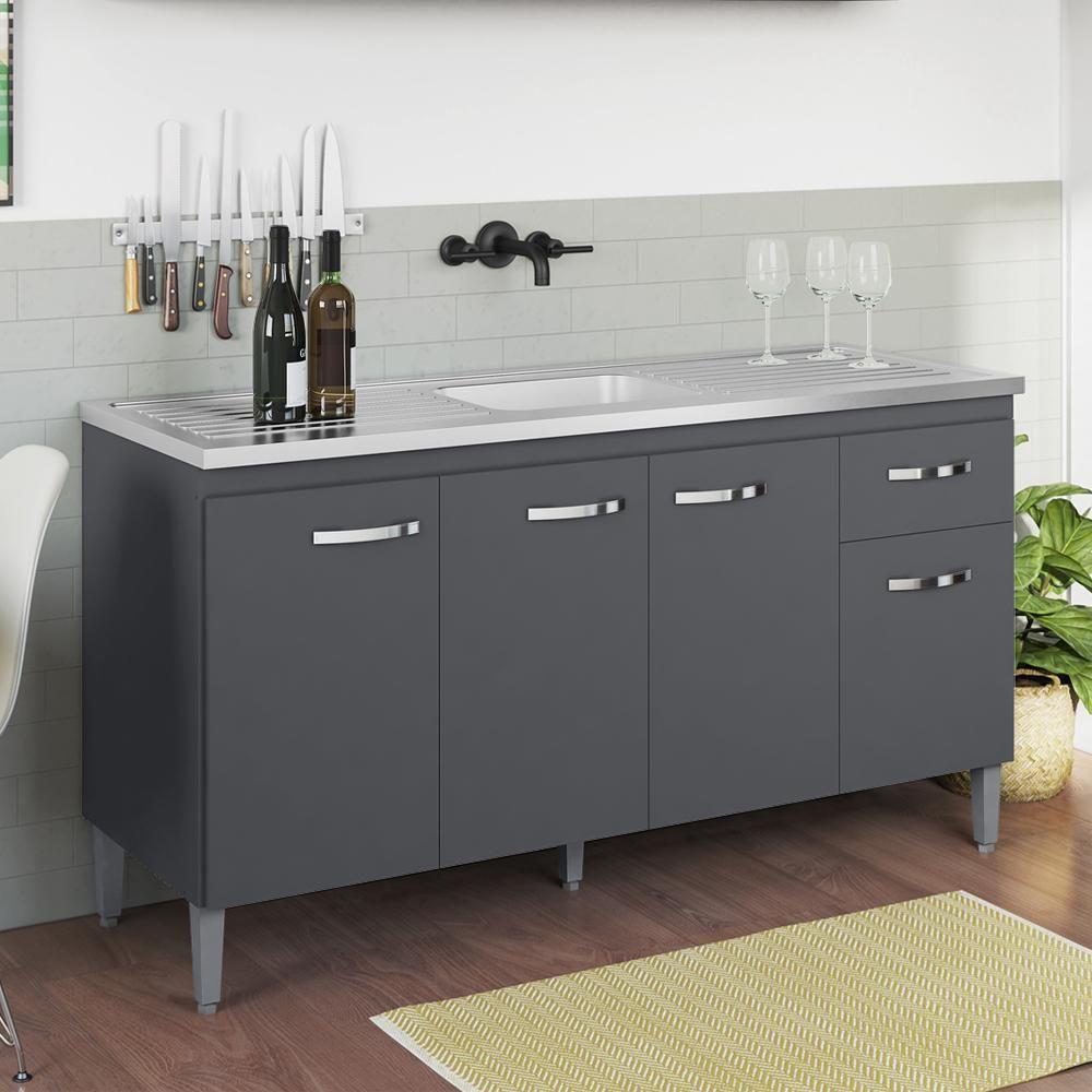 Balcao Para Pia Sem Tampo 145 Cm Gabriela Cinza Reajl Móveis Cinza - 7