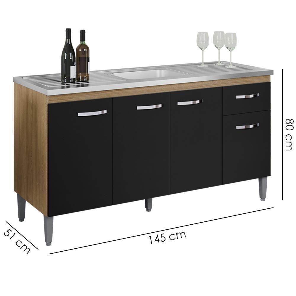 Balcao Para Pia Sem Tampo 145 Cm Gabriela Amendoa Preto Reajl Moveis Amendoa Preto - 3