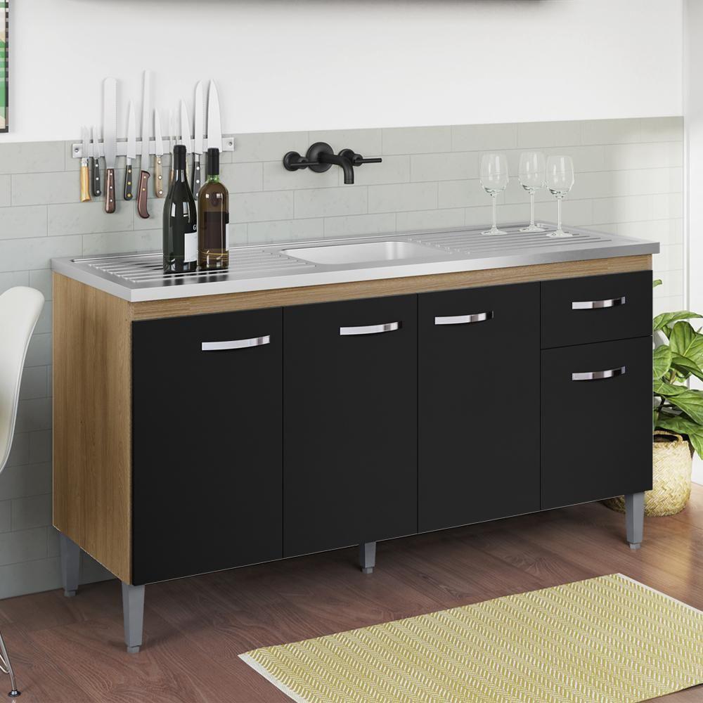 Balcao Para Pia Sem Tampo 145 Cm Gabriela Amendoa Preto Reajl Moveis Amendoa Preto - 7