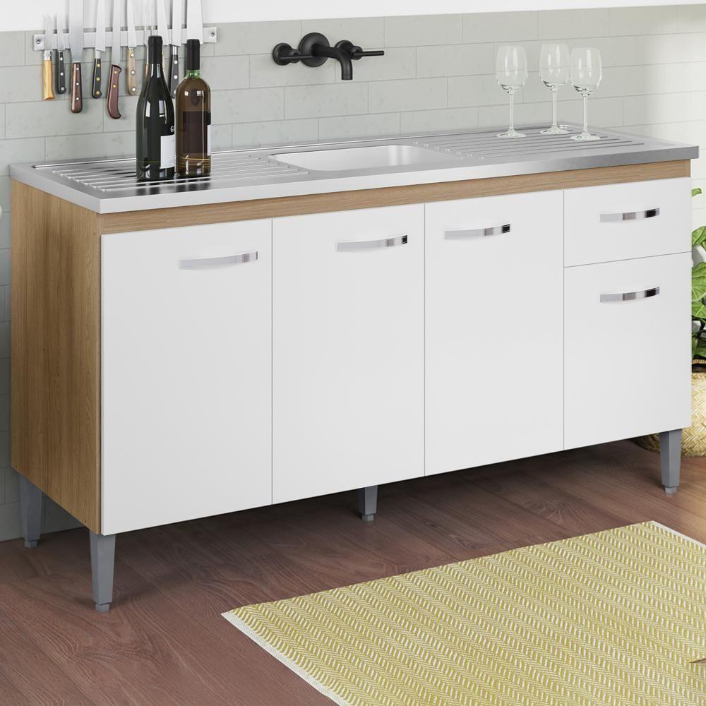 Balcao Para Pia Sem Tampo 145 Cm Gabriela Amendoa Branco Reajl Moveis Amendoa Branco - 2