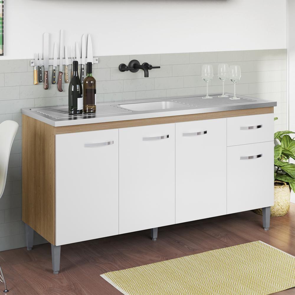 Balcao Para Pia Sem Tampo 145 Cm Gabriela Amendoa Branco Reajl Moveis Amendoa Branco - 7