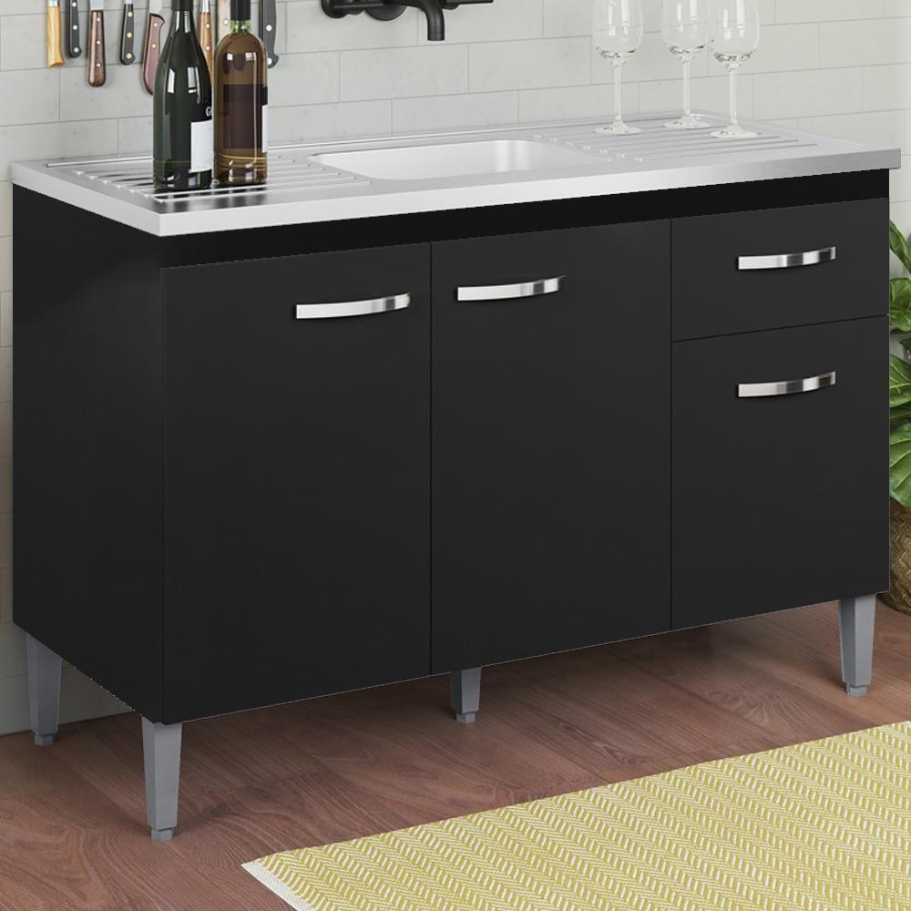 Balcao Para Pia Sem Tampo 118 Cm Gabriela Preto Reajl Moveis Preto - 3