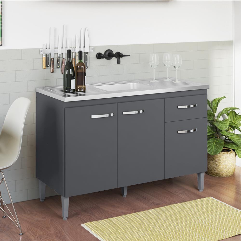 Balcao Para Pia Sem Tampo 118 Cm Gabriela Cinza Reajl Móveis Cinza - 7