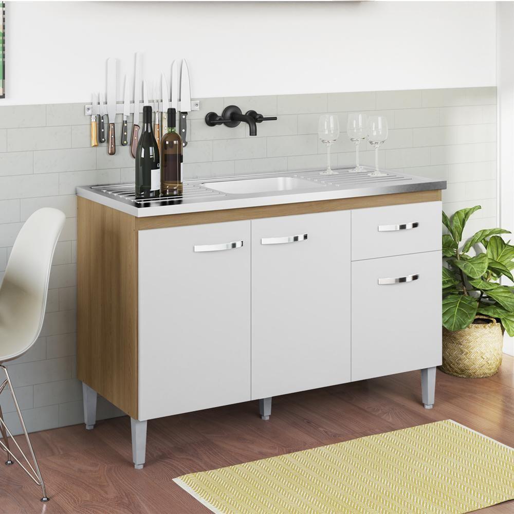 Balcao Para Pia Sem Tampo 118 Cm Gabriela Amendoa Branco Reajl Moveis Amendoa Branco - 7