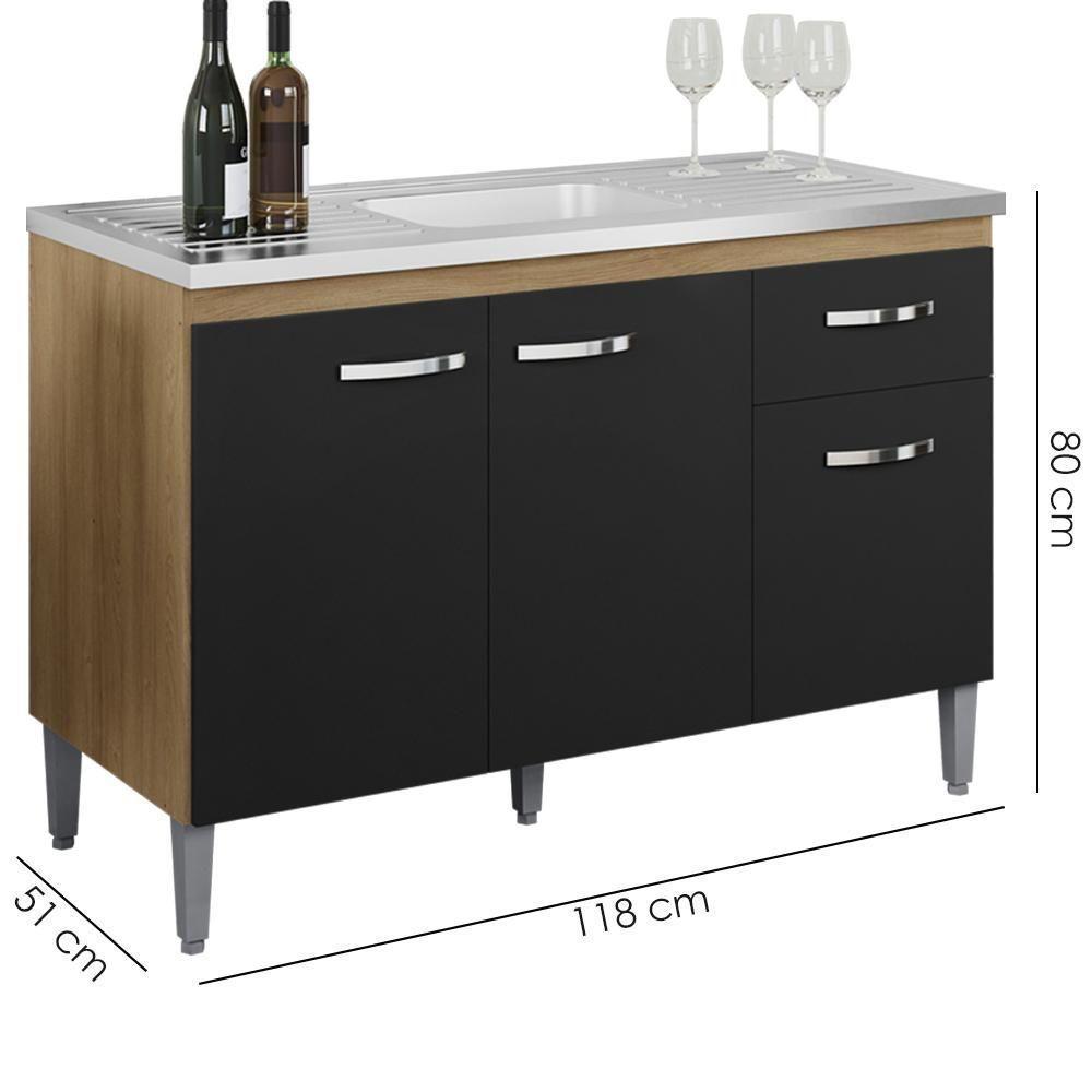 Balcao Para Pia Sem Tampo 118 Cm Gabriela Amendoa Preto Reajl Moveis Amendoa Preto - 3