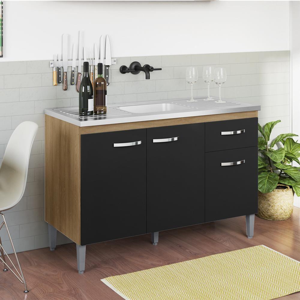 Balcao Para Pia Sem Tampo 118 Cm Gabriela Amendoa Preto Reajl Moveis Amendoa Preto - 7