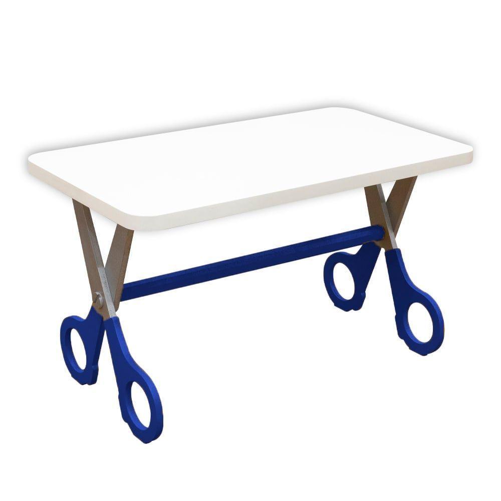 Mesa Infantil Tesoura Azul Tampo Branco Retangular Base Temática Para Estudos E Desenhos Mobília Decor - 1