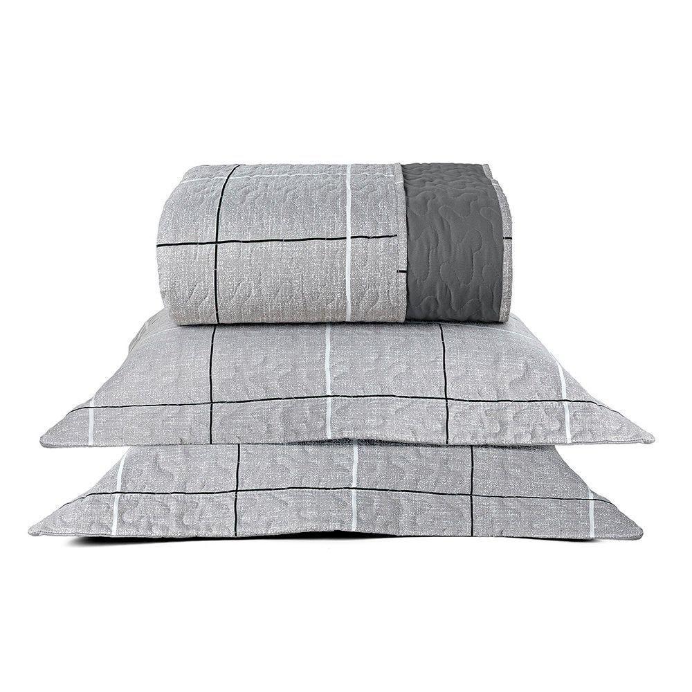 Kit Cobre Leito Colcha Casa Scarpa Celi Casal Padrão Dupla Face Micropercal 200 Fios 3 Peças Xadrez Grid Cinza - 1