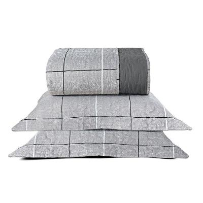 Kit Cobre Leito Colcha Casa Scarpa Celi Casal Padrão Dupla Face Micropercal 200 Fios 3 Peças Xadrez Grid Cinza