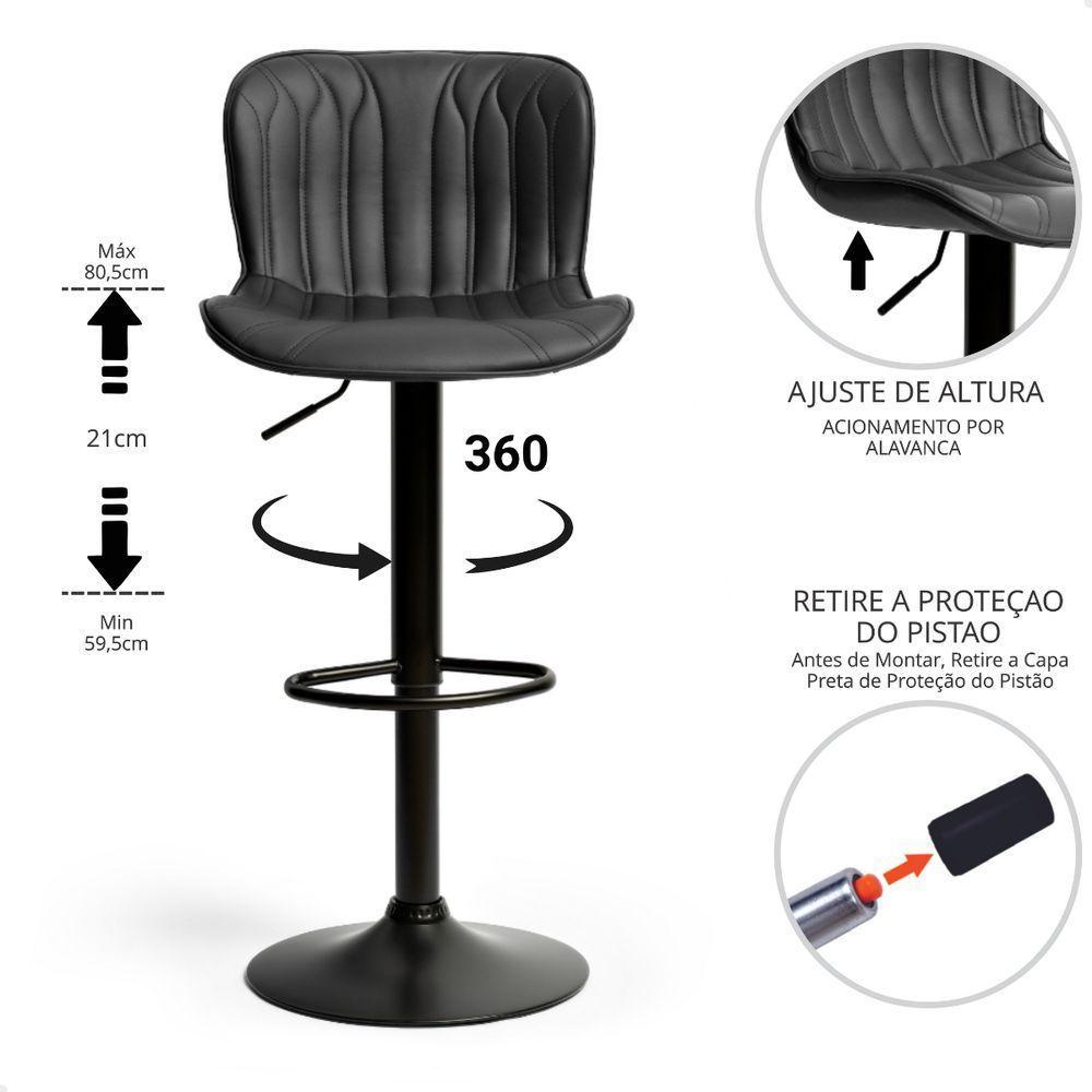 Kit 03 Un Banquetas Altas Giratórias Encosto Bar Confortável Preto - 6