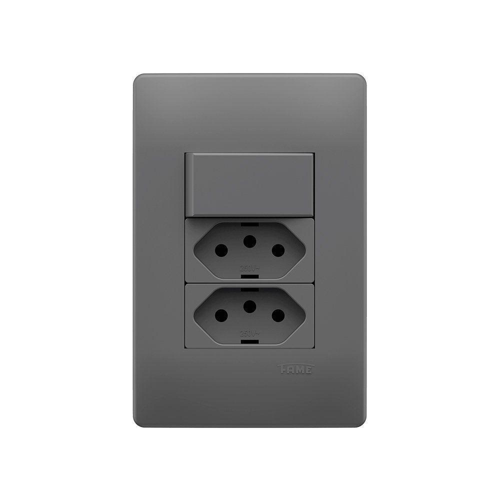 Interruptor Simples E Tomada Dupla 2p+t 20a Fame Habitat Onix Com Placa 4x2 Onix - 1
