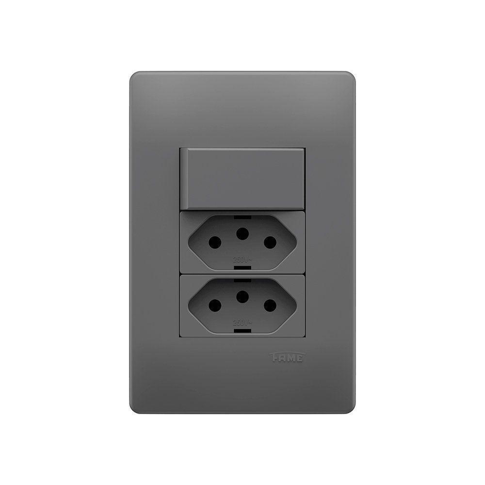 Interruptor Simples E Tomada Dupla 2p+t 10a Fame Habitat Onix Com Placa 4x2 Onix - 1