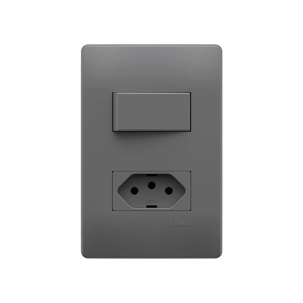 Interruptor Simples E Tomada 2p+t 10a Fame Habitat Onix Com Placa 4x2 Onix - 1