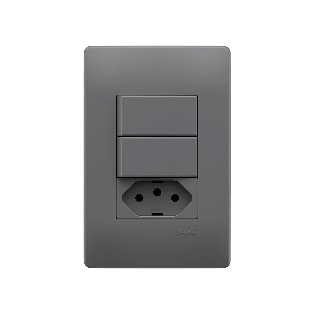 Interruptor Simples Duplo E Tomada 2p+t 10a Fame Habitat Onix Com Placa 4x2 Onix - 1