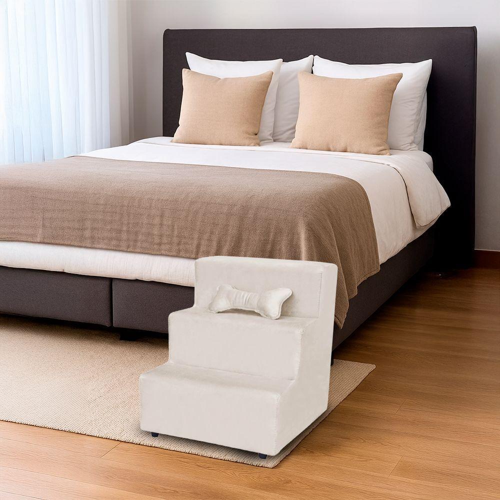 Escada Pet Almofadada 3 Degraus Para Cães E Gatos Veludo Bege - 2