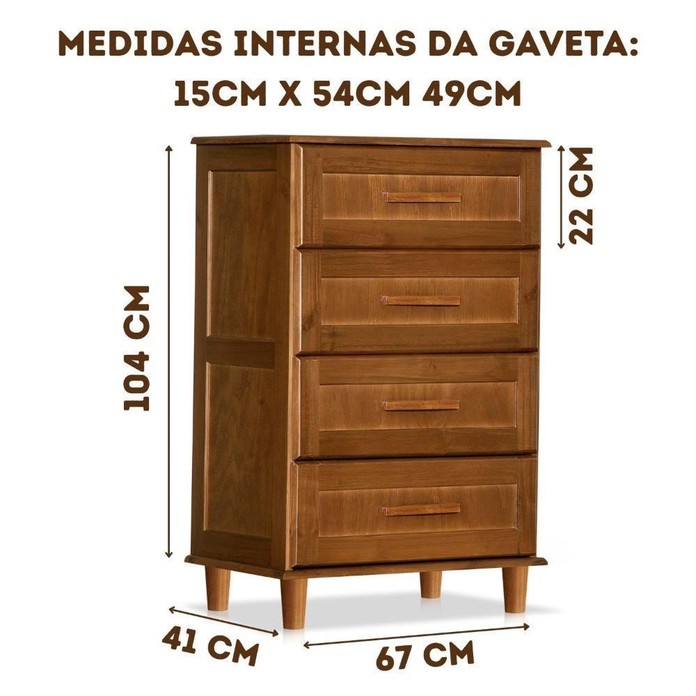 Cômoda Rústica Madeira Maciça 4 Gavetas Chicago Marrom Castanho Castanho - 4