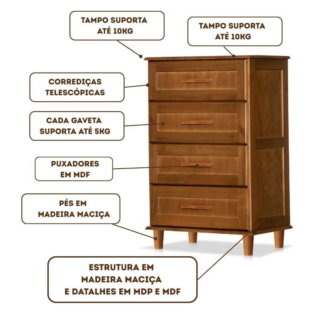 Cômoda Rústica Madeira Maciça 4 Gavetas Chicago Marrom Castanho Castanho - 5