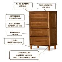 Cômoda Rústica Madeira Maciça 4 Gavetas Chicago Marrom Castanho Castanho - 5