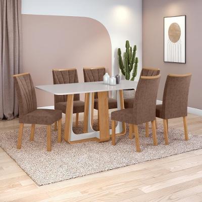 Conjunto Jantar Easy Pop 170x90 Vidro/mdf 6 Cadeiras Couro Avelã Amêndoa/off White