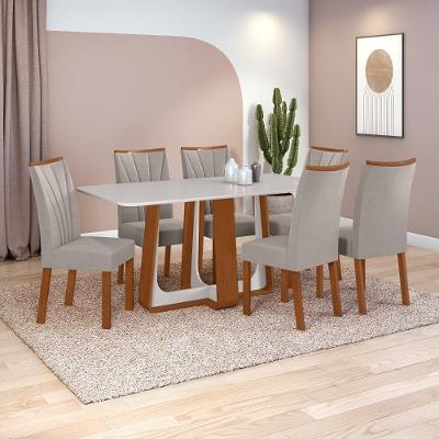Conjunto Jantar Easy Pop 170x90 Vidro/mdf 6 Cadeiras Veludo Capuccino Frassino/off White
