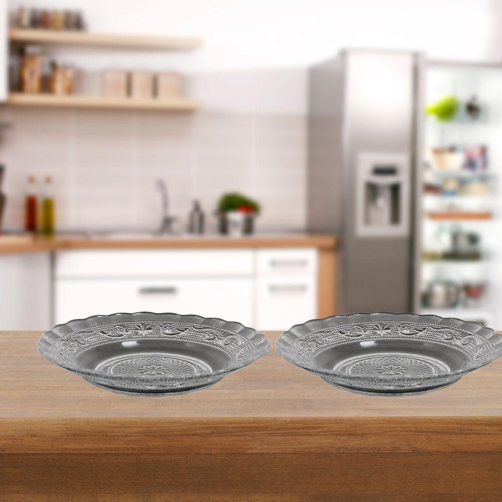 Conjunto 4 Prato Fundo Vidro Transparente Com Detalhes Desenhado Chique - 2