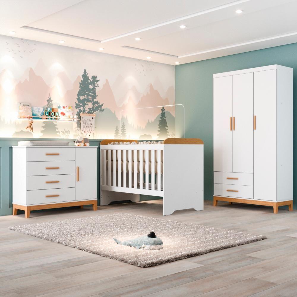 Quarto De Bebê Completo Berço 3 Em 1 Cômoda Infantil Guarda Roupa Branco Carolina Baby - 1