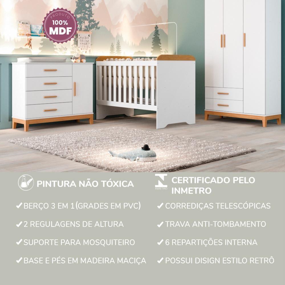 Quarto De Bebê Completo Berço 3 Em 1 Cômoda Infantil Guarda Roupa Branco Carolina Baby - 10
