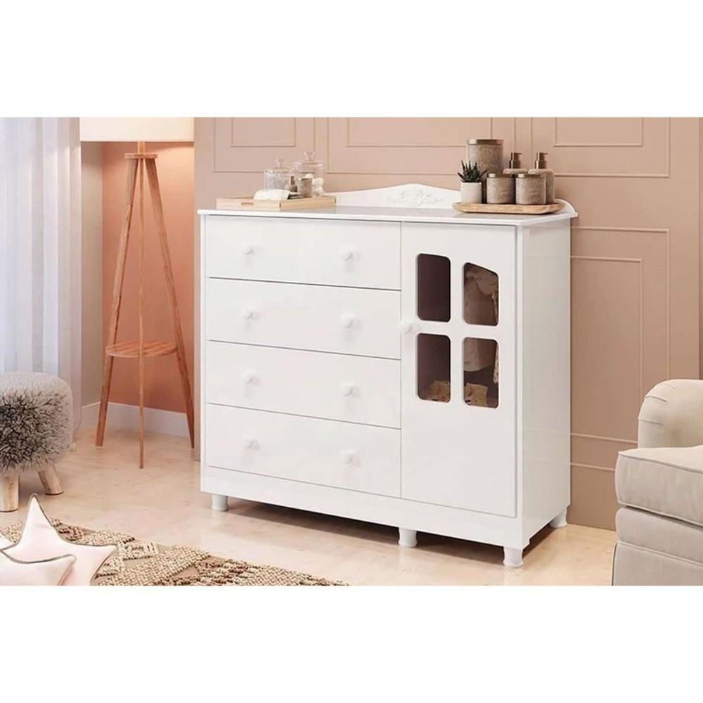 Cômoda Bebê Elô C- 1 Porta Cristal E 4 Gavetas Branco-amendoa - Peroba - 9