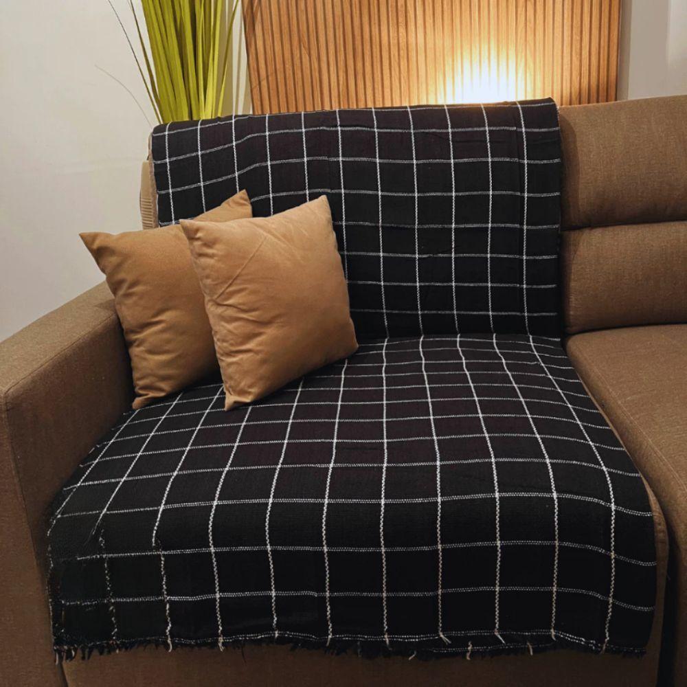 Manta Para Sofá E Cama Grande 2 E 3 Lugares 2,40x1,80 De Luxo Protetora De Sofa Gigante Listrada Preto Com Branco - 1