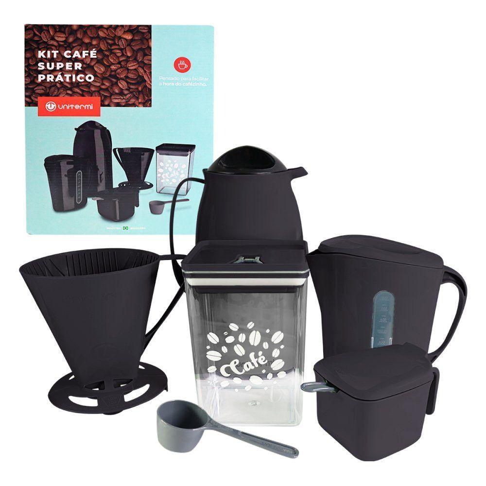 Kit Café 6 Peças Preto Garrafa Térmica 1l Leiteira 1l Pote Hermético Açucareiro Colher Medidora Suporte De Filtro - 1