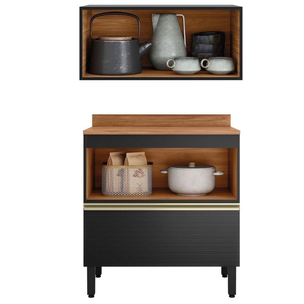 Balcao Com Tampo E Armario Aereo 80 Cm Proenca Nogueira Carbono Prime Demartez Nogueira Carbono Prime - 8