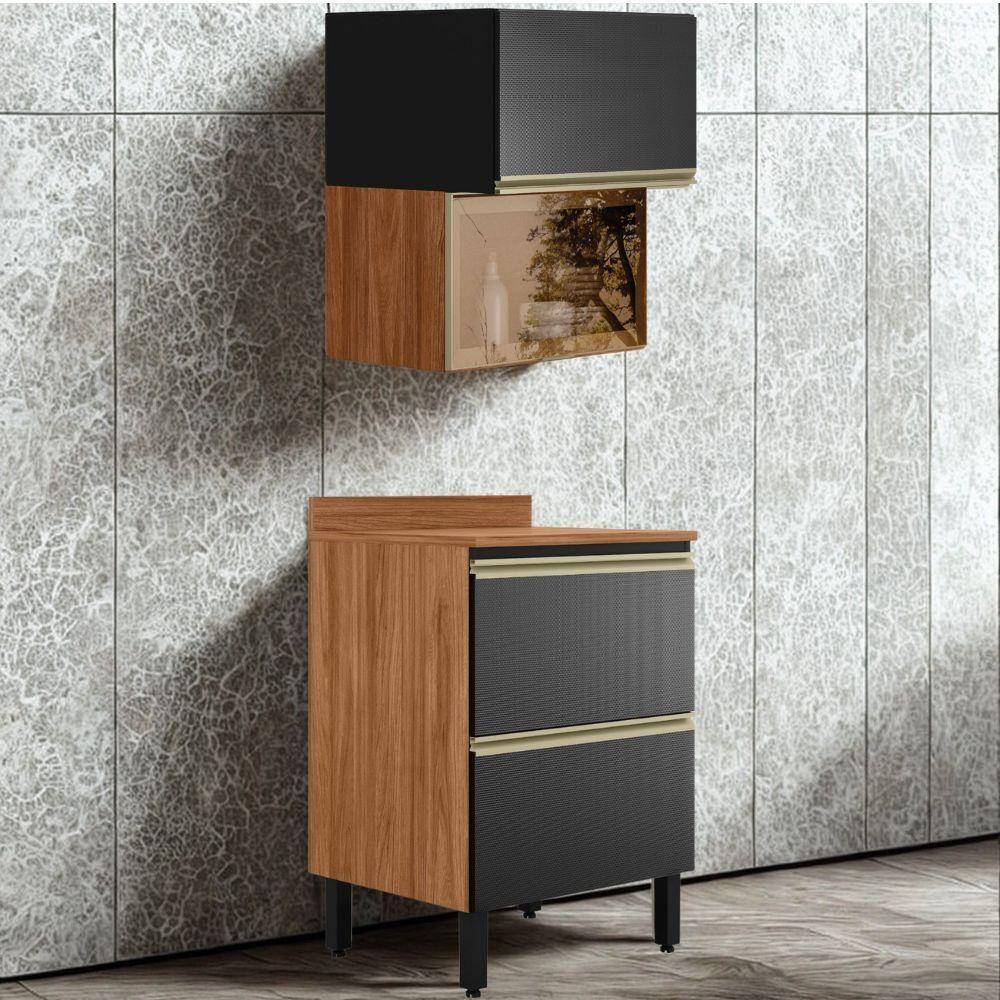 Balcao Com Tampo E Armario Aereo Vidro 60 Cm Mdf Proenca Nogueira Carbono Prime Demartez Nogueira Carbono Prime - 2