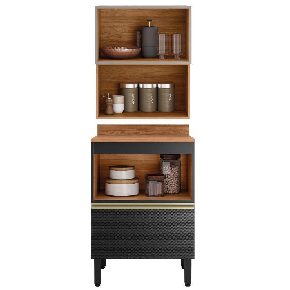 Balcao Com Tampo E Armario Aereo Vidro 60 Cm Mdf Proenca Nogueira Carbono Prime Demartez Nogueira Carbono Prime - 9