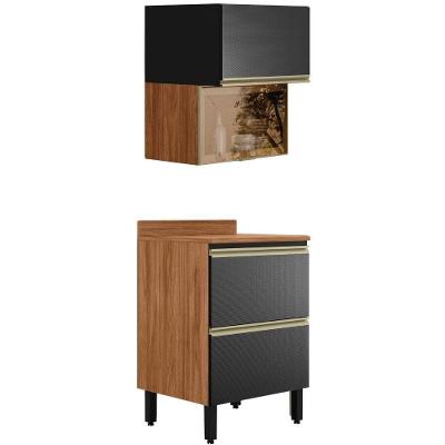 Balcao Com Tampo E Armario Aereo Vidro 60 Cm Mdf Proenca Nogueira Carbono Prime Demartez Nogueira Carbono Prime