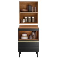 Balcao Com Tampo E Armario Aereo Vidro 60 Cm Mdf Proenca Nogueira Carbono Prime Demartez Nogueira Carbono Prime - 9