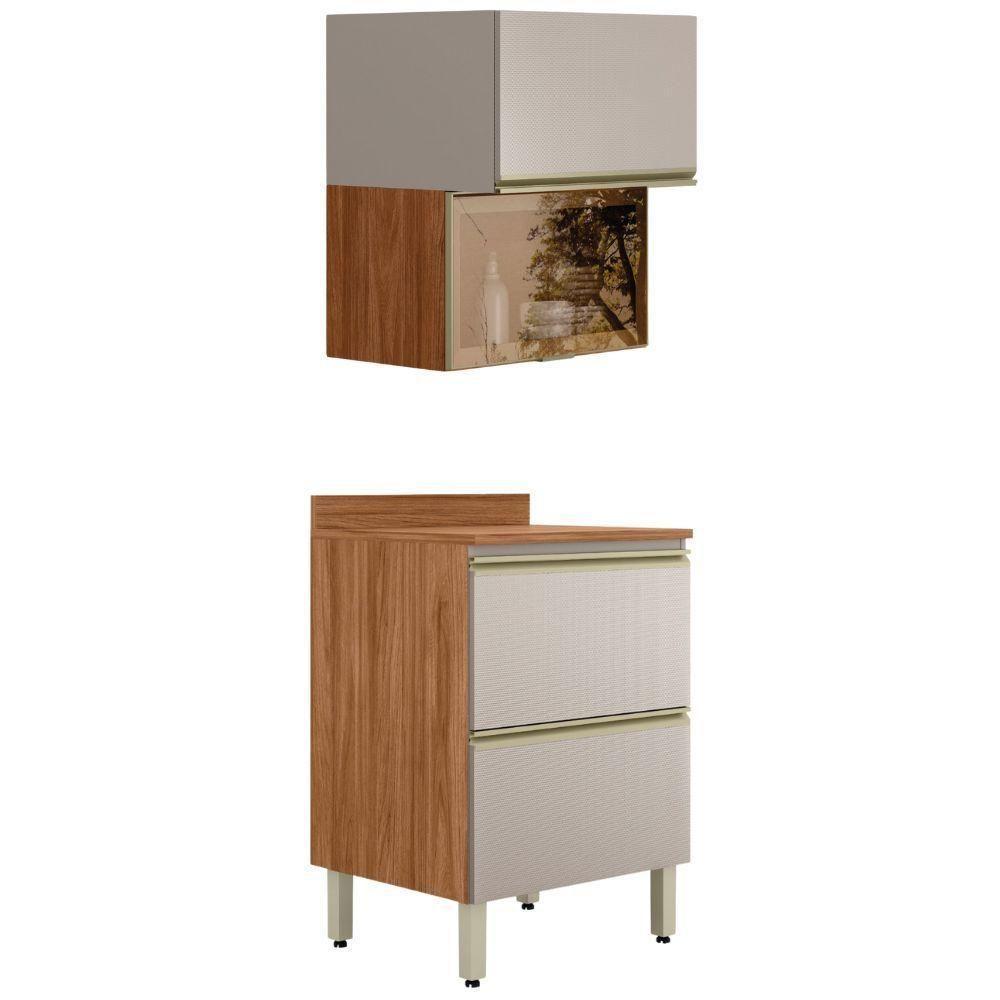 Balcao Tampo E Armario Aereo Vidro 60 Cm Mdf Proenca Nogueira Nude Prime Demartez Nogueira Nude Prime - 1