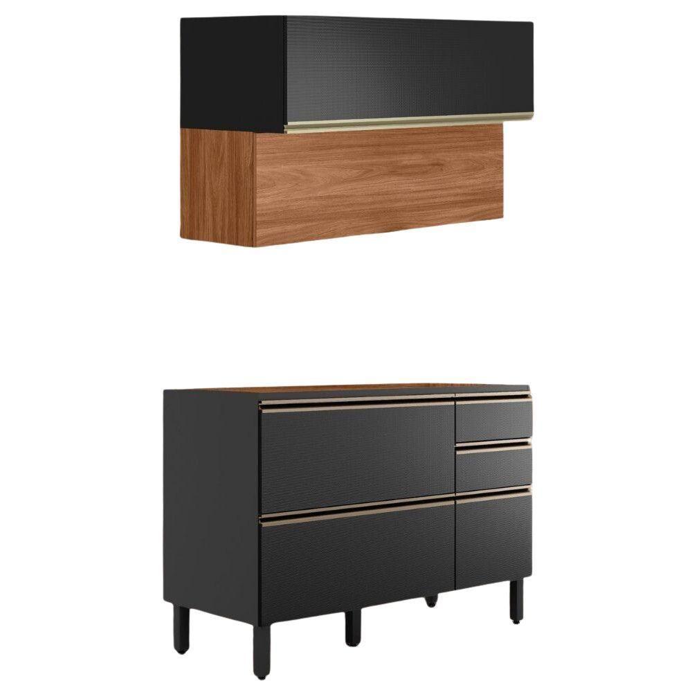 Balcao Com Tampo E Armario Aereo 120 Cm Proenca Nogueira Carbono Prime Demartez Nogueira Carbono Prime - 1