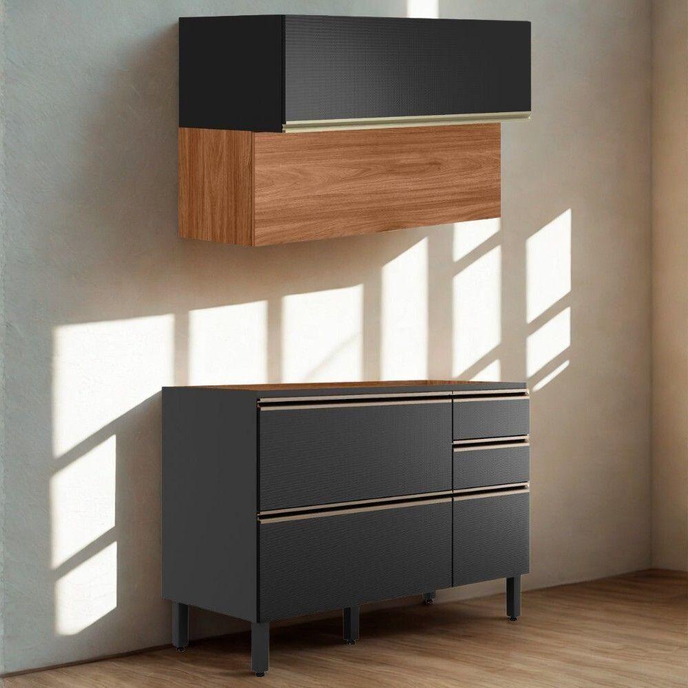 Balcao Com Tampo E Armario Aereo 120 Cm Proenca Nogueira Carbono Prime Demartez Nogueira Carbono Prime - 2