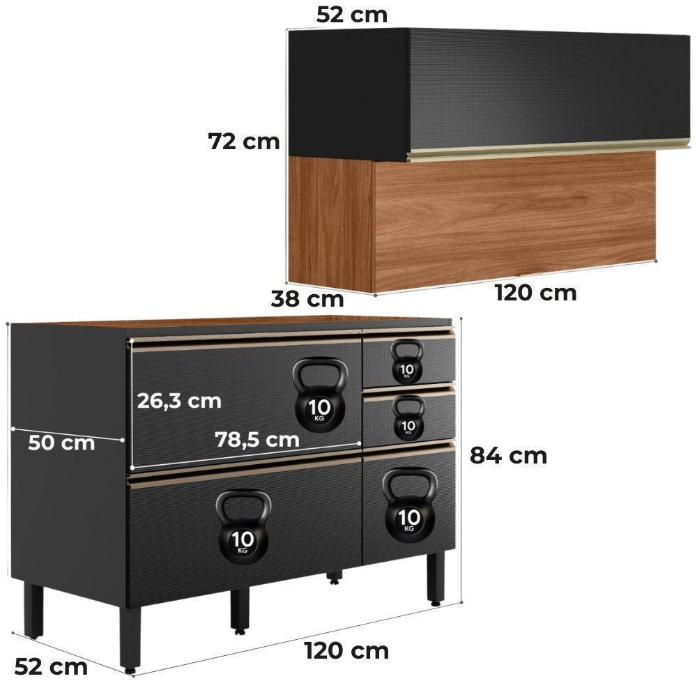Balcao Com Tampo E Armario Aereo 120 Cm Proenca Nogueira Carbono Prime Demartez Nogueira Carbono Prime - 3
