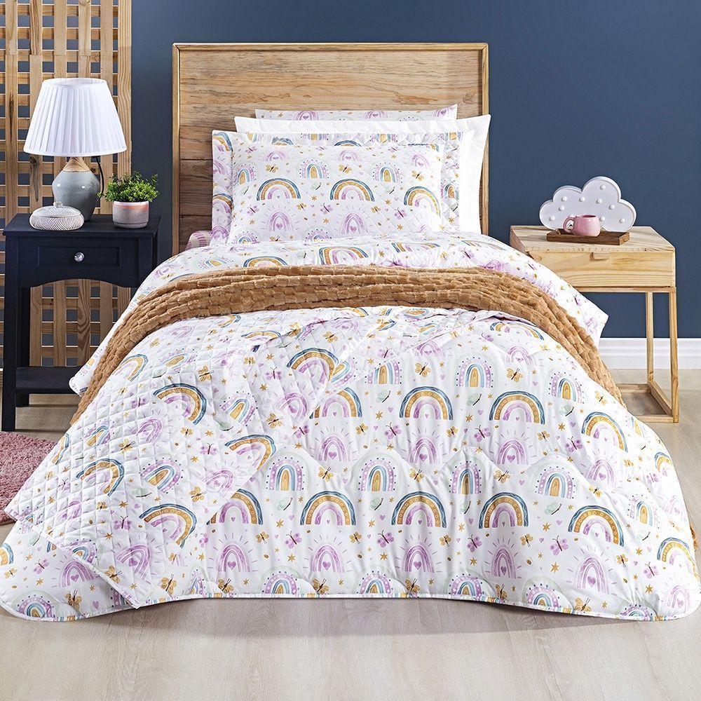 Kit Cobre Leito + Jogo De Cama Tutti Kids 200 Fios Solteiro 04 Peças 100% Poliéster - Rainbow - 1