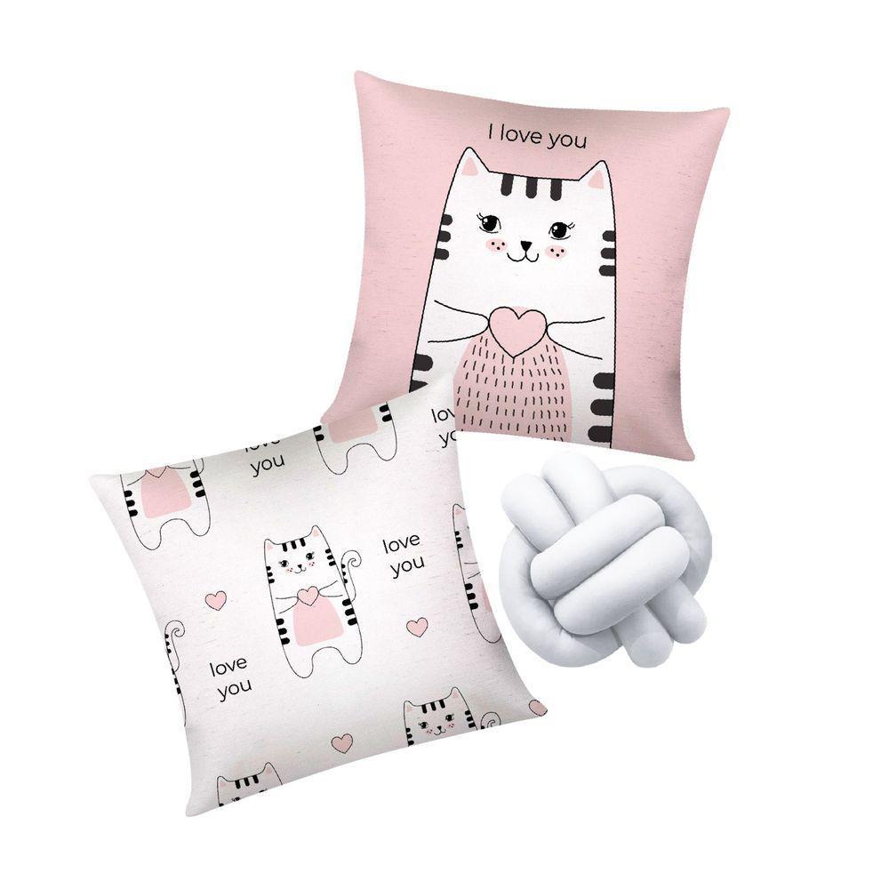 Kit 02 Capas De Almofada Infantil Personagens + Almofada Nó Gato Nó Branco - 1