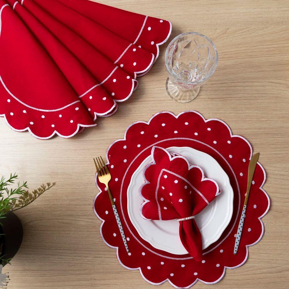 Jogo Americano Com Guardanapo Bordado 6 Lugares 12 Peças Poá Vermelho Bordado Branco - 2