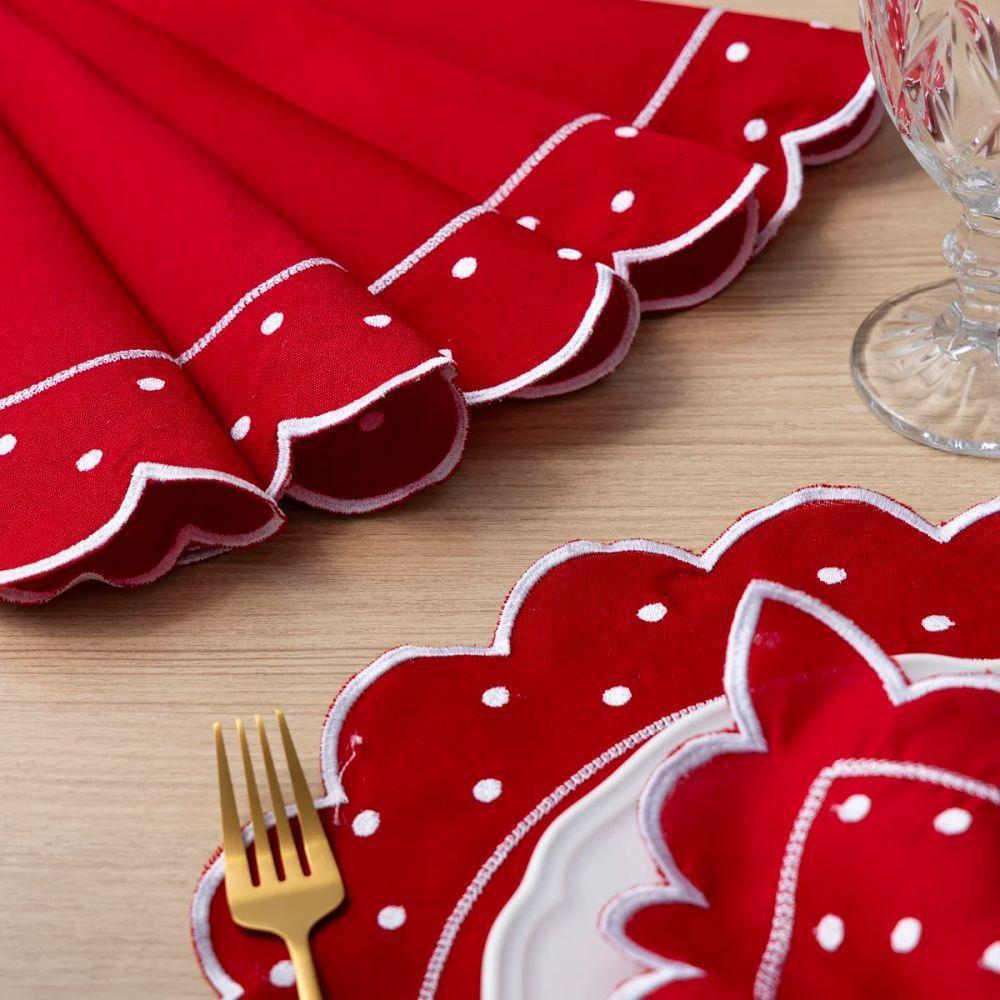 Jogo Americano Com Guardanapo Bordado 6 Lugares 12 Peças Poá Vermelho Bordado Branco - 3
