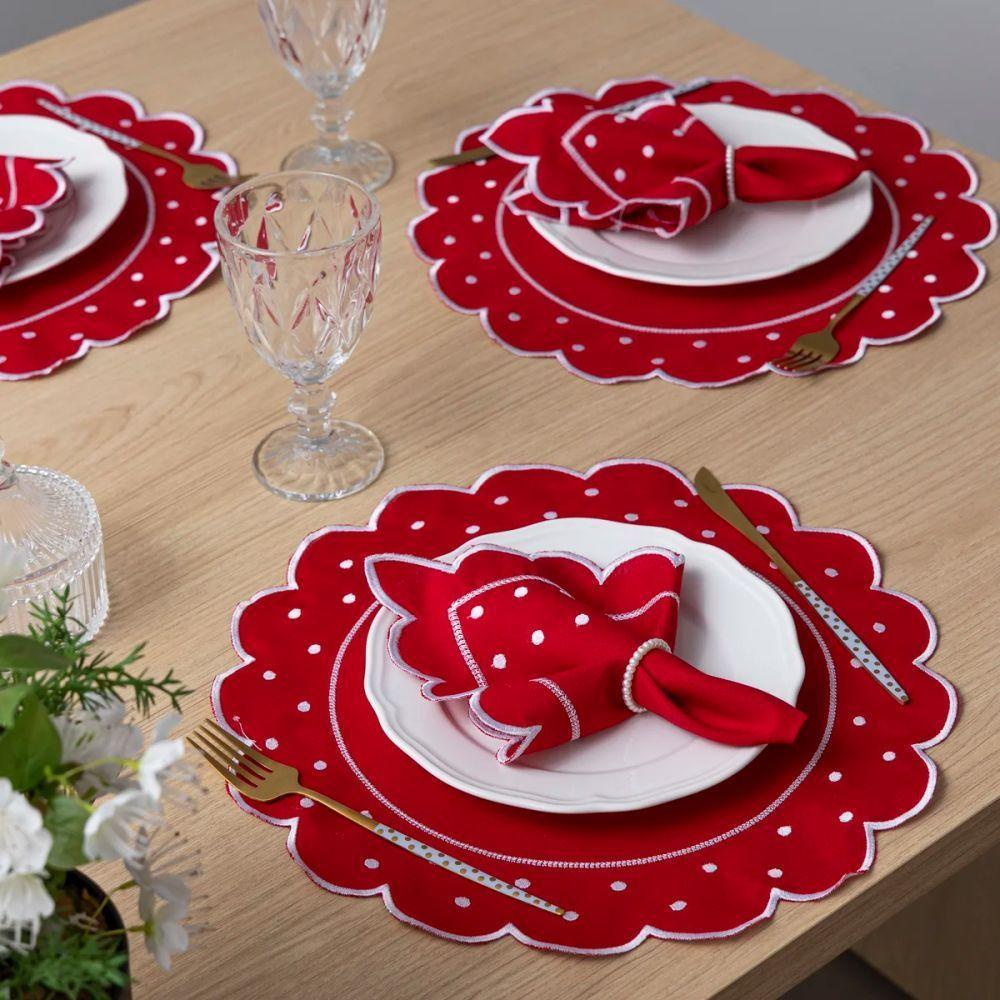 Jogo Americano Com Guardanapo Bordado 6 Lugares 12 Peças Poá Vermelho Bordado Branco - 4