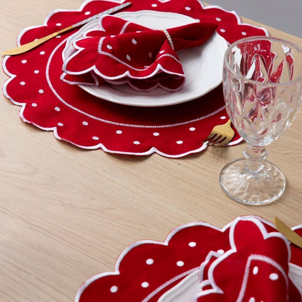 Jogo Americano Com Guardanapo Bordado 6 Lugares 12 Peças Poá Vermelho Bordado Branco - 5