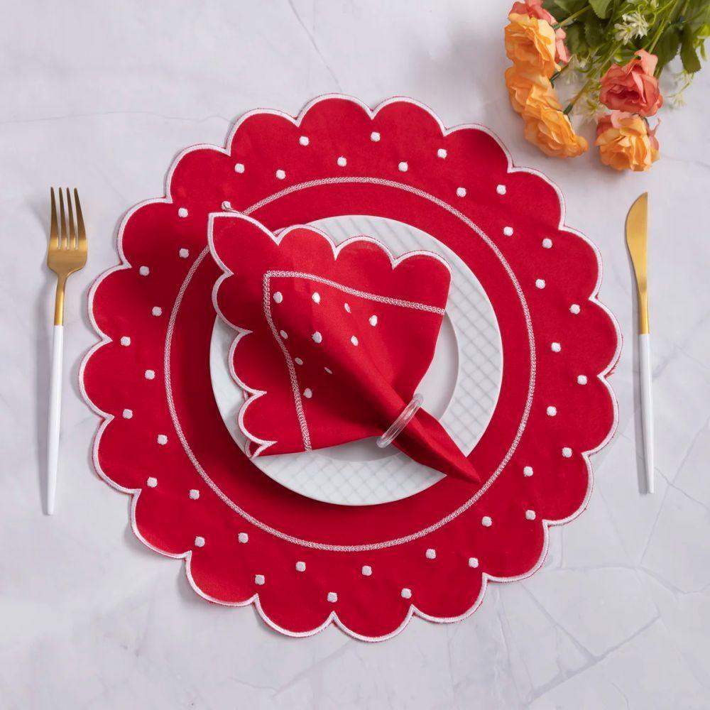 Jogo Americano Com Guardanapo Bordado 6 Lugares 12 Peças Poá Vermelho Bordado Branco - 6