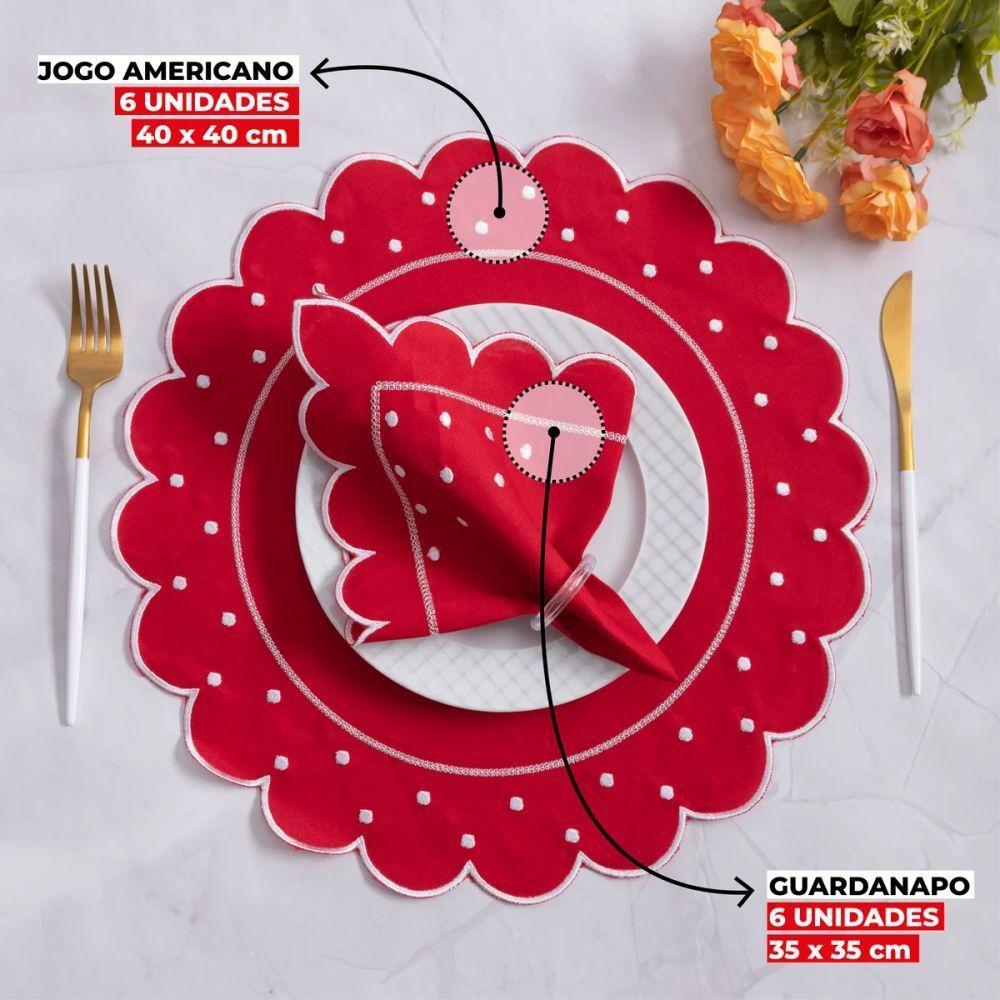Jogo Americano Com Guardanapo Bordado 6 Lugares 12 Peças Poá Vermelho Bordado Branco - 7