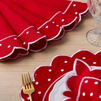 Jogo Americano Com Guardanapo Bordado 6 Lugares 12 Peças Poá Vermelho Bordado Branco - 3